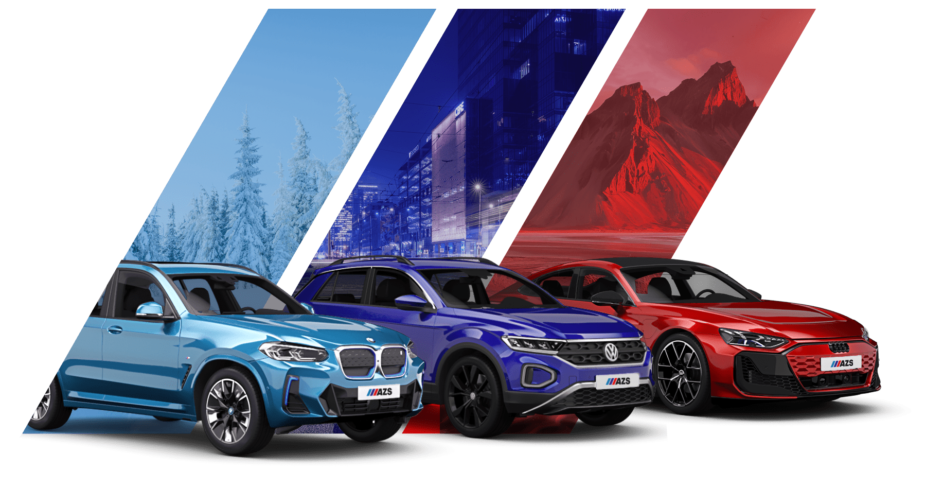 Drei Fahrzeuge: ein BMW vor einer Winterlandschaft, ein VW vor einem Start am Abend und ein Audi vor roten Bergen in den Farben des Logos.