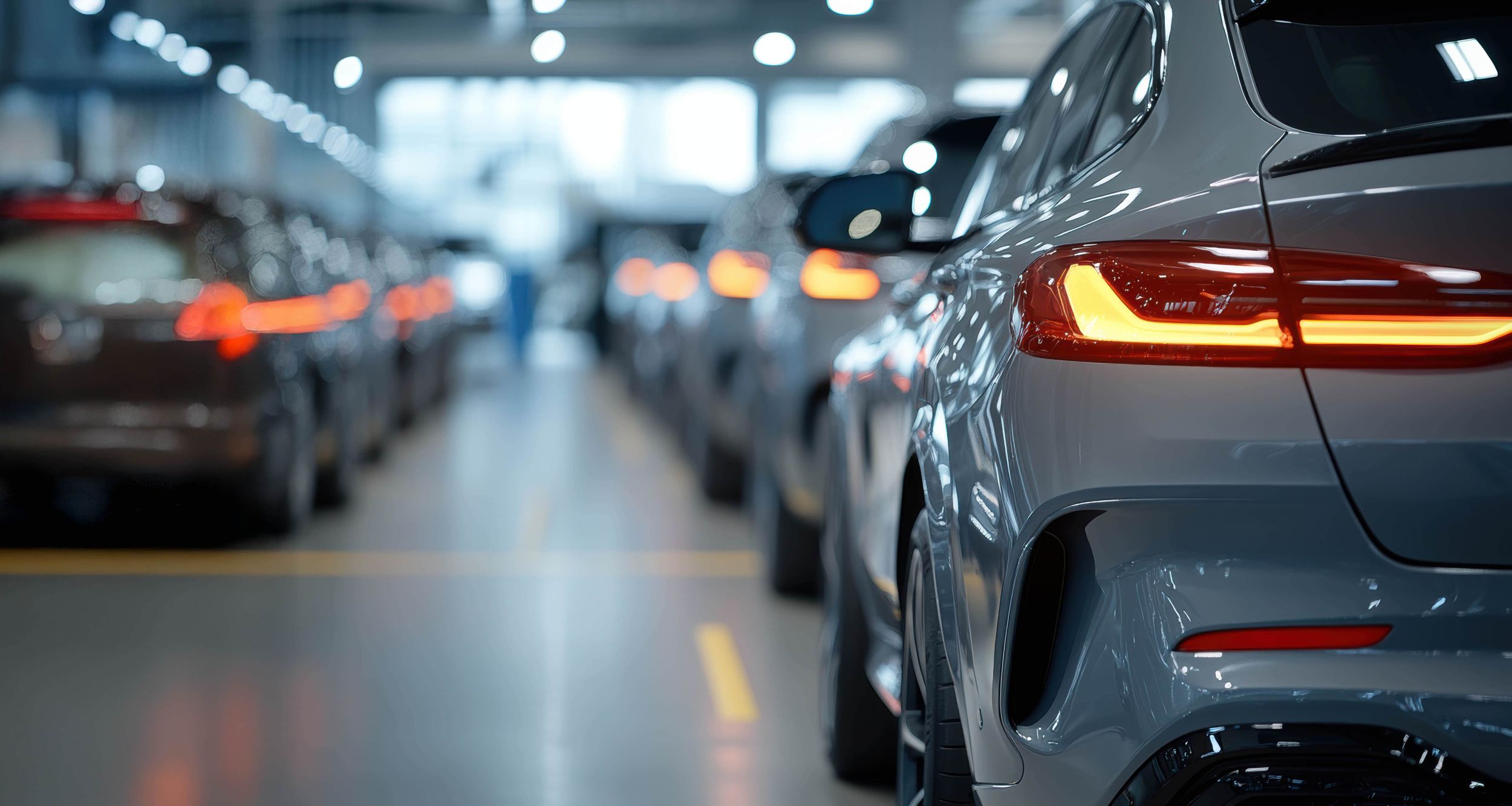 Fahrzeugreihen im großen Lagercontainer.