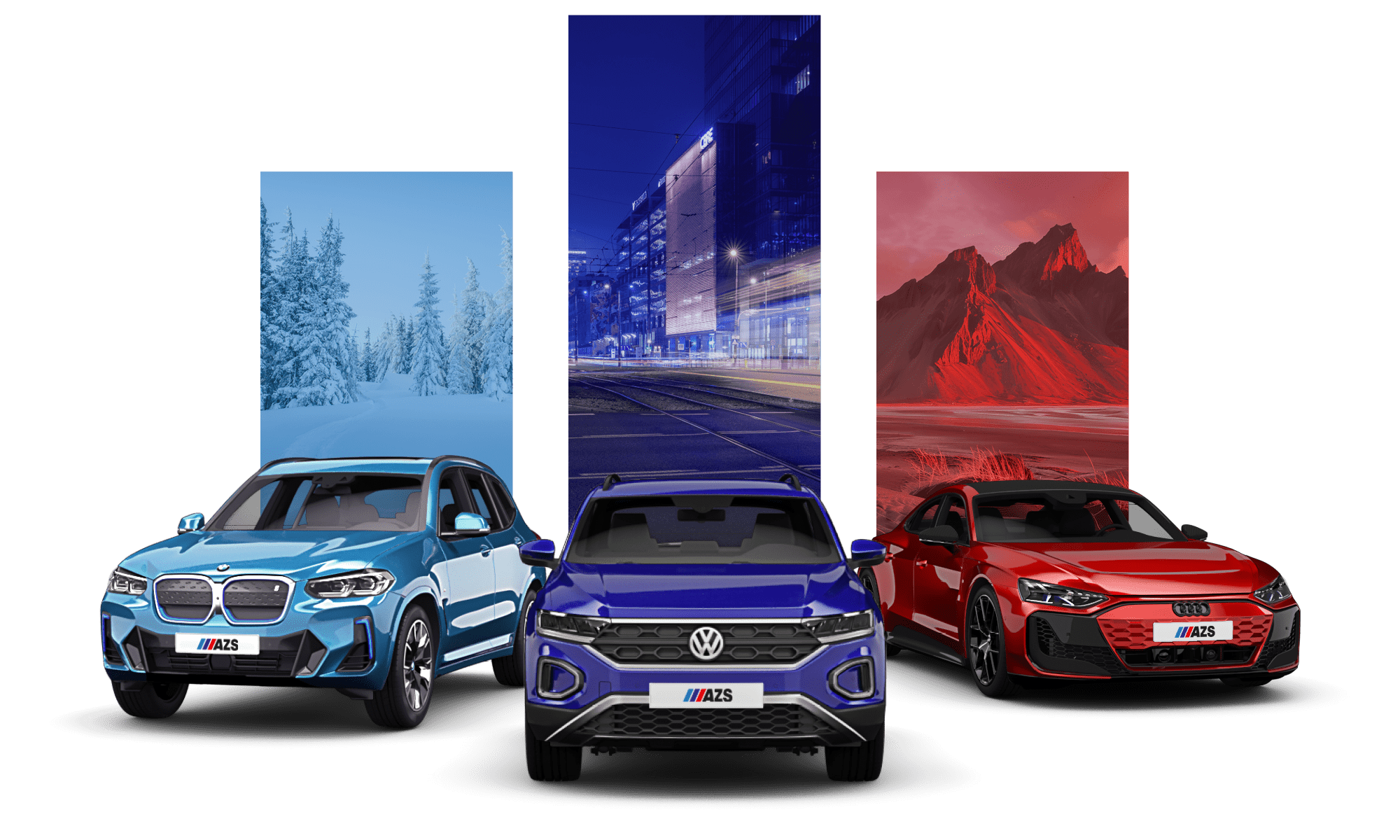 Drei Fahrzeuge: ein BMW vor einer Winterlandschaft, ein VW vor einem Start am Abend und ein Audi vor roten Bergen in den Farben des Logos.