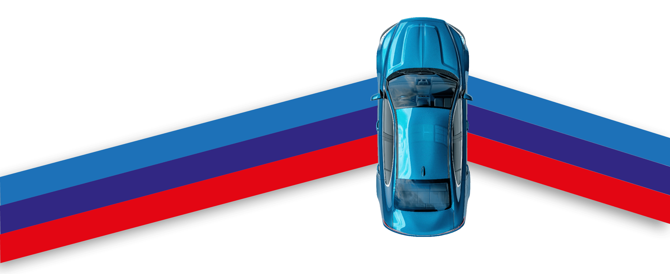 Das blaue Spielzeugauto fährt aus der Vogelperspektive über einen Band in den Logo-Farben.